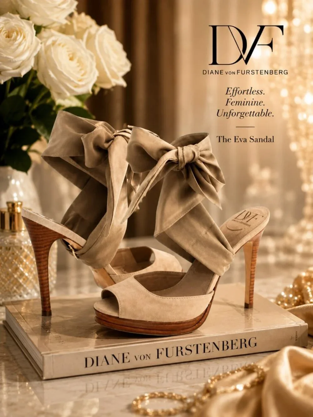 DVF Diane Von Furstenberg Eva Sand Suede Silk Scarf Wrap PeepToe Stiletto Sandal